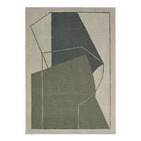 Geometric rug featuring dark green, light beige, and muted gray tones with abstract lines and shapes.