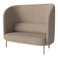 "Soft beige two-seater sofa with smooth, curved lines and a minimalist design, complemented by light wooden legs."