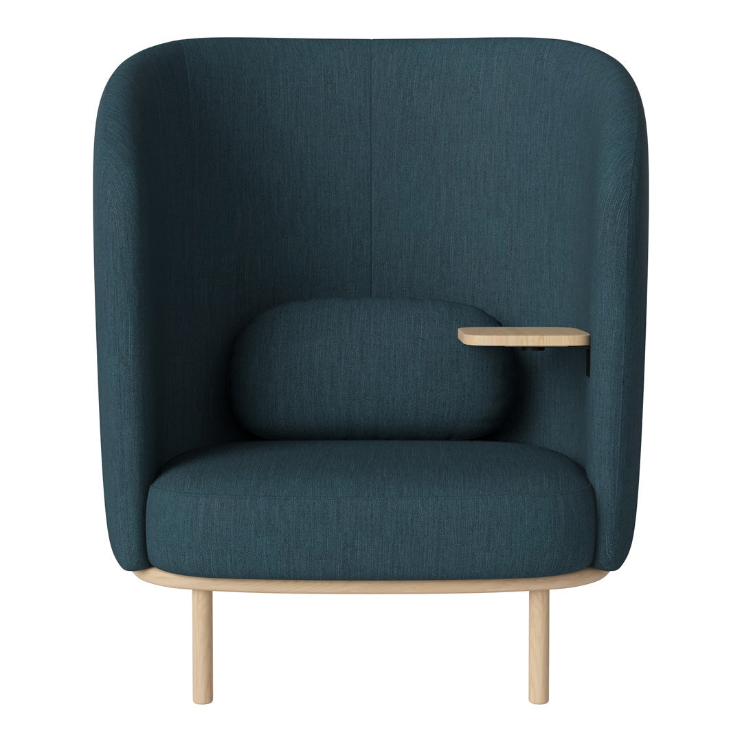 Teal upholstered armchair with a smooth, modern design and natural wood accents. Perfect for stylish interiors.
