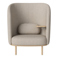 Light beige armchair with smooth fabric, curved backrest, and minimalist wooden frame. Perfect for a modern decor.