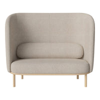 Beige upholstered two-seater sofa with smooth texture and rounded backrest on light wooden legs.