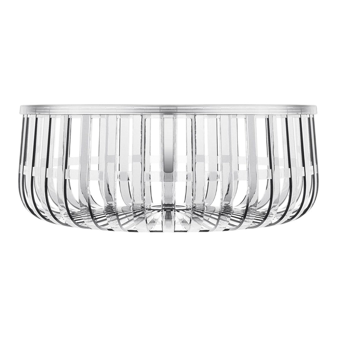 Clear glass bowl with a sleek striped pattern and smooth, shiny finish. Perfect for modern decor.