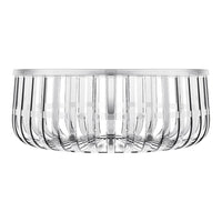 Clear glass bowl with a sleek striped pattern and smooth, shiny finish. Perfect for modern decor.