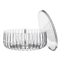 Clear glass bowl with elegant vertical stripes and a matching lid, showcasing a modern, minimalist design.