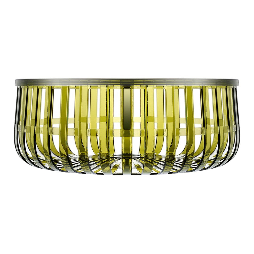 Yellow and transparent glass bowl with a sleek, modern striped design and metallic accents.