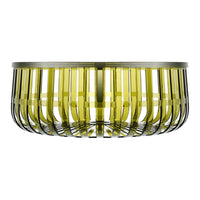 Yellow and transparent glass bowl with a sleek, modern striped design and metallic accents.