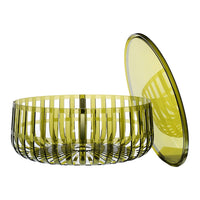 Yellow transparent storage bowl with a striped patterned design and a matching lid, showcasing modern elegance.