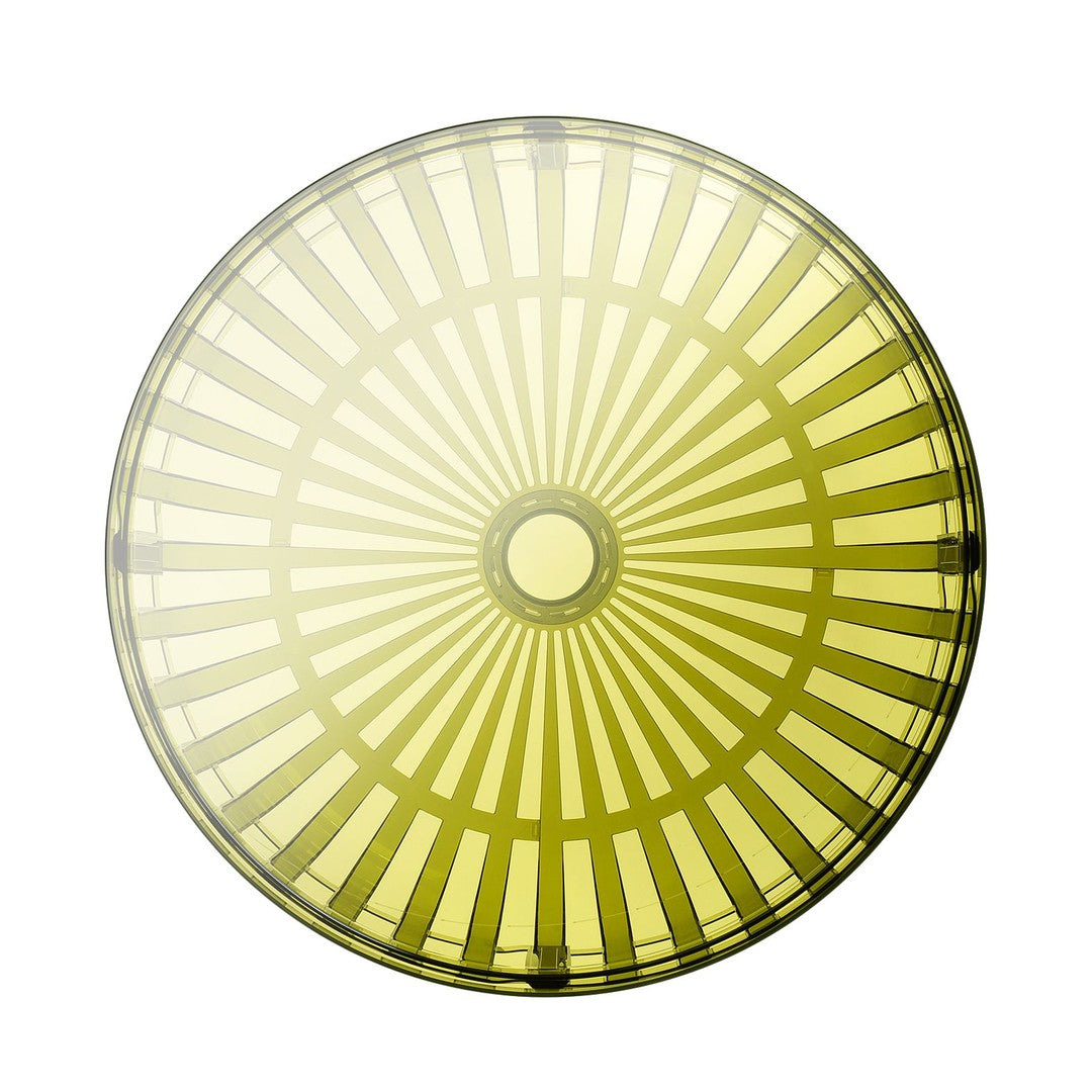 Round yellow plate featuring a sunburst pattern with radial lines and a smooth center. Perfect for dining and decor.