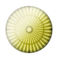 Round yellow plate featuring a sunburst pattern with radial lines and a smooth center. Perfect for dining and decor.