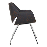 Black chair with orange abstract patterns on a sleek chrome base, adding a pop of color to modern decor.