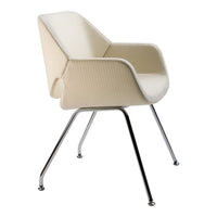 Cream-colored chair with a ribbed pattern, featuring sleek chrome legs for a modern look.