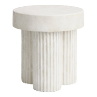 Round white side table with ribbed texture and smooth finish, perfect for modern decor.