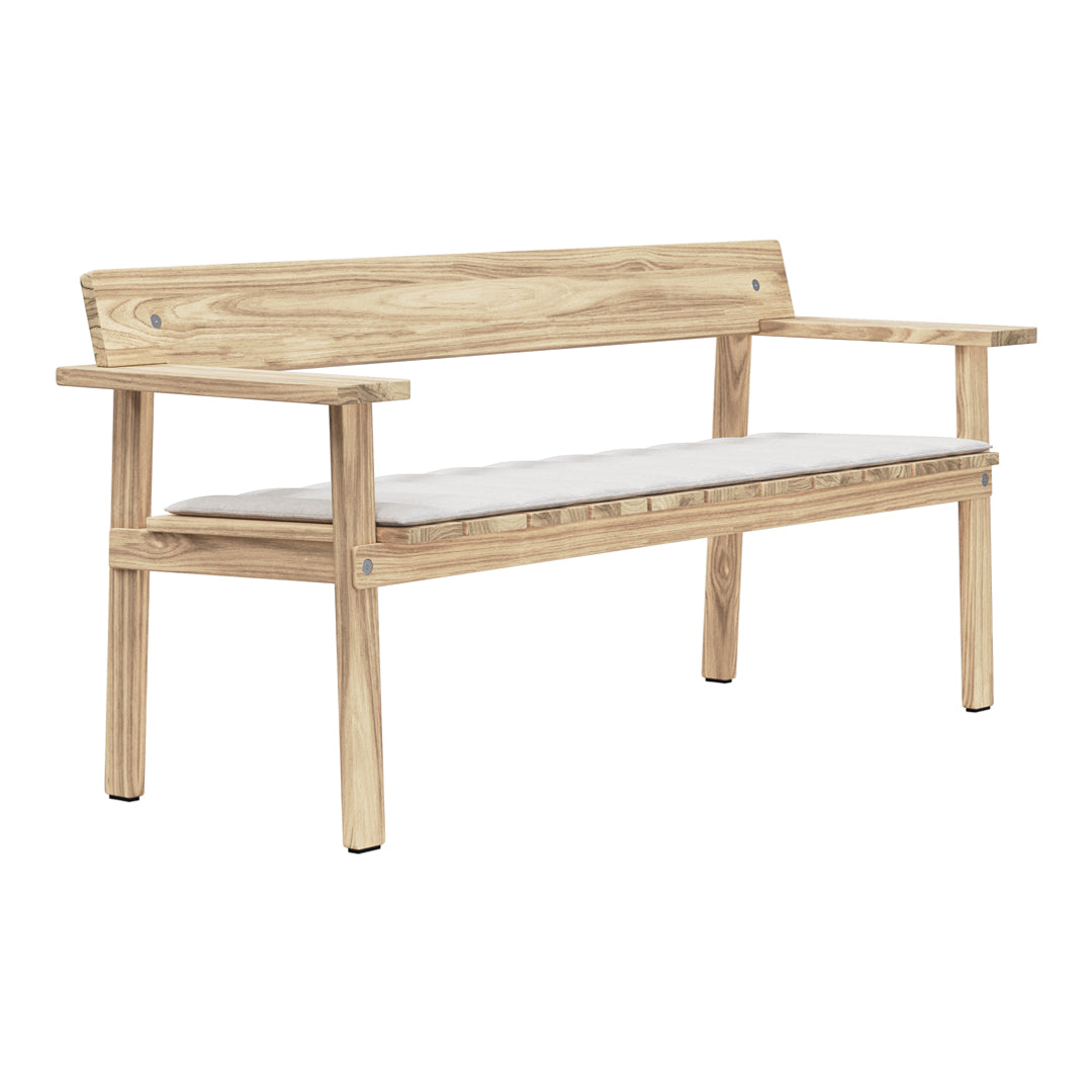 Natural wood bench with a light finish and gray cushioned seat, featuring a simple, modern design.