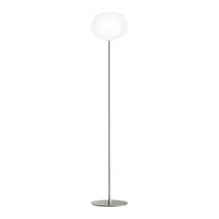 Sleek silver floor lamp with a round white glass shade, perfect for modern decor.