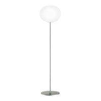 Modern floor lamp with a sleek silver base and a round white glass shade, perfect for contemporary decor.