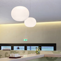 Two white globe pendant lights hanging in a modern space with a soft, neutral color palette and subtle patterns.