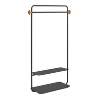 Modern black metal clothing rack with two sleek, matte shelves and stylish wooden accents.