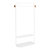 Stylish white metal clothing rack with wooden accents, featuring a sleek, minimalist design and two shelves.