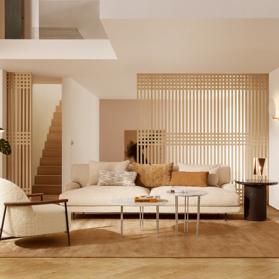 Warm beige and cream tones with a textured wood panel pattern, accented by soft earth tones and neutral textures.