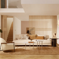 Warm beige and cream tones with a textured wood panel pattern, accented by soft earth tones and neutral textures.
