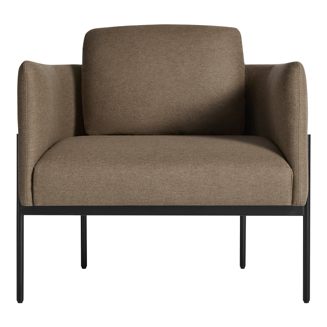 Brown upholstered chair with a sleek black metal frame, featuring clean lines and a modern design.