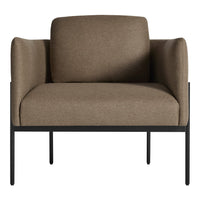 Brown upholstered chair with a sleek black metal frame, featuring clean lines and a modern design.