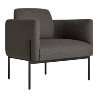 Stylish dark gray armchair with a minimalist black metal frame, featuring a soft, textured upholstery pattern.