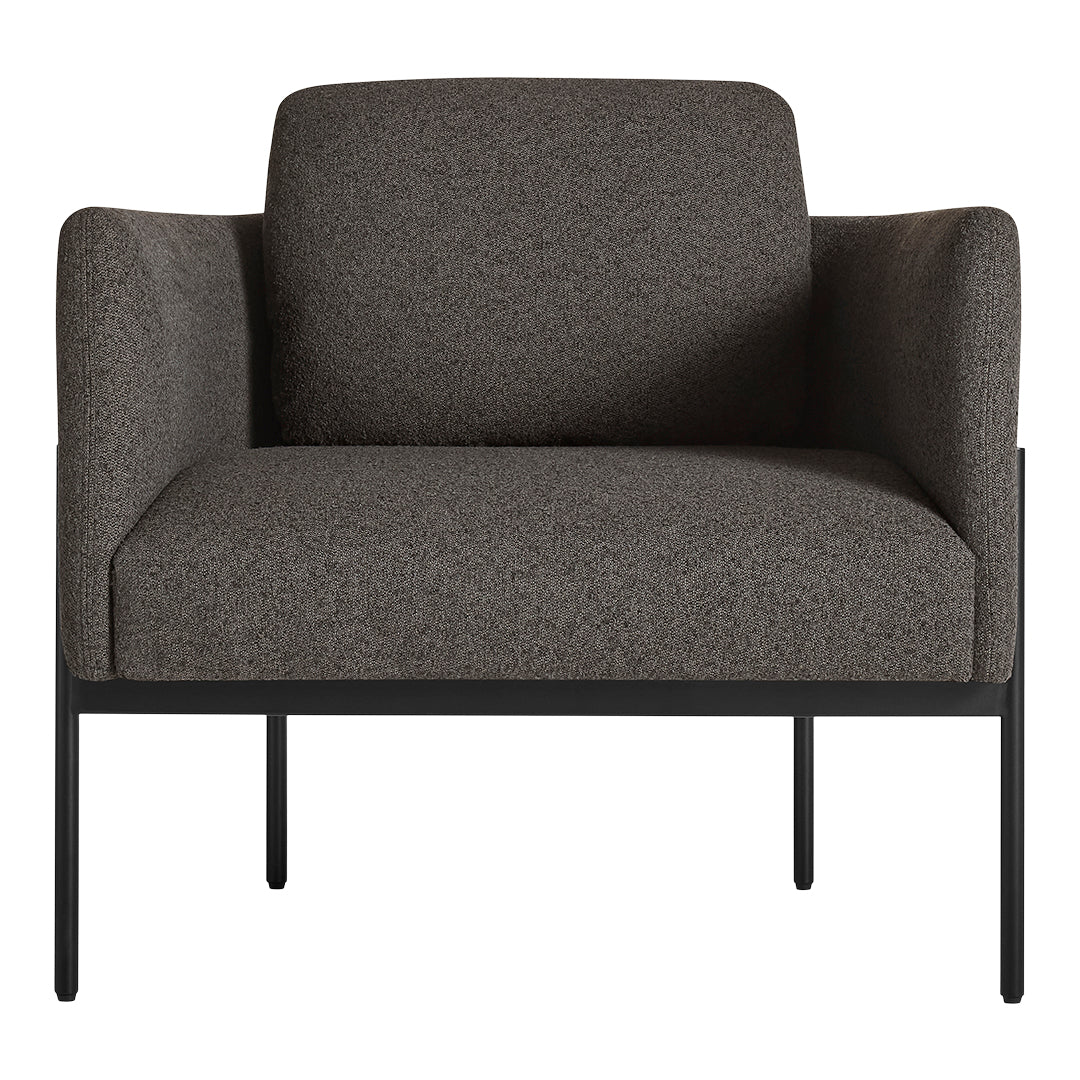 Gray upholstered chair with a minimalist black metal frame, featuring a solid texture and clean lines.