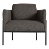Gray upholstered chair with a minimalist black metal frame, featuring a solid texture and clean lines.
