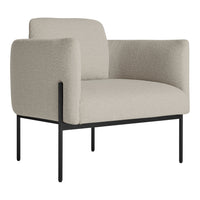 Beige upholstered chair with a minimalist black metal frame, offering contemporary style and subtle texture.