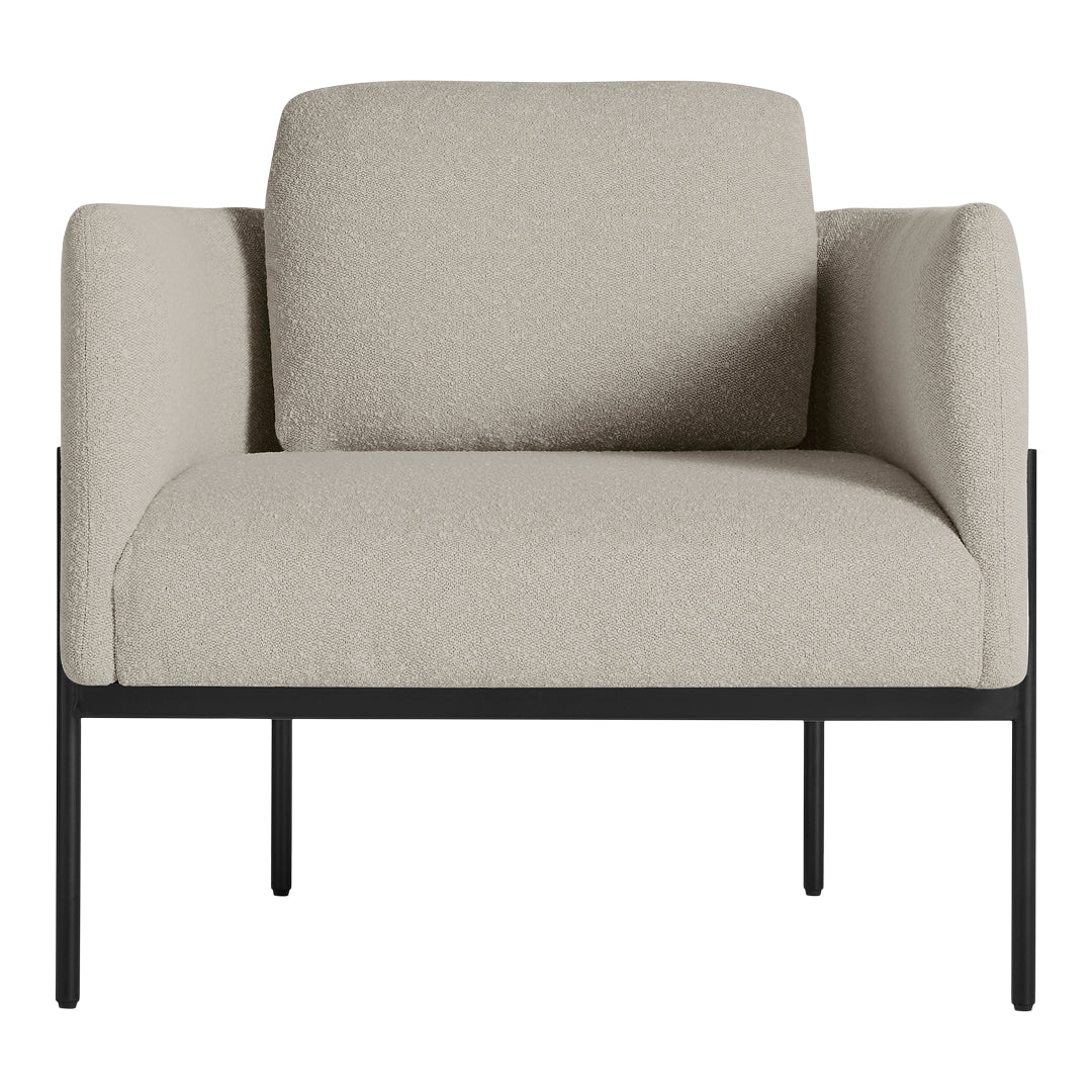 Light beige upholstered armchair with a minimalist black metal frame. Modern, neutral color palette for versatile decor.
