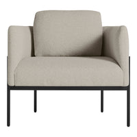 Light beige upholstered armchair with a minimalist black metal frame. Modern, neutral color palette for versatile decor.