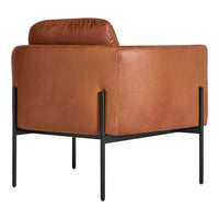 Brown leather chair with a smooth texture and sleek black metal legs, showcasing a modern and stylish design.