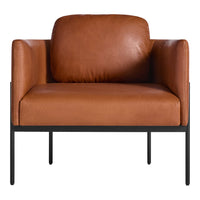 Brown leather armchair with a minimalist black metal frame, featuring a smooth, solid surface and modern design.