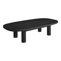 Black oval coffee table with a smooth finish and rounded edges, featuring stout cylindrical legs.