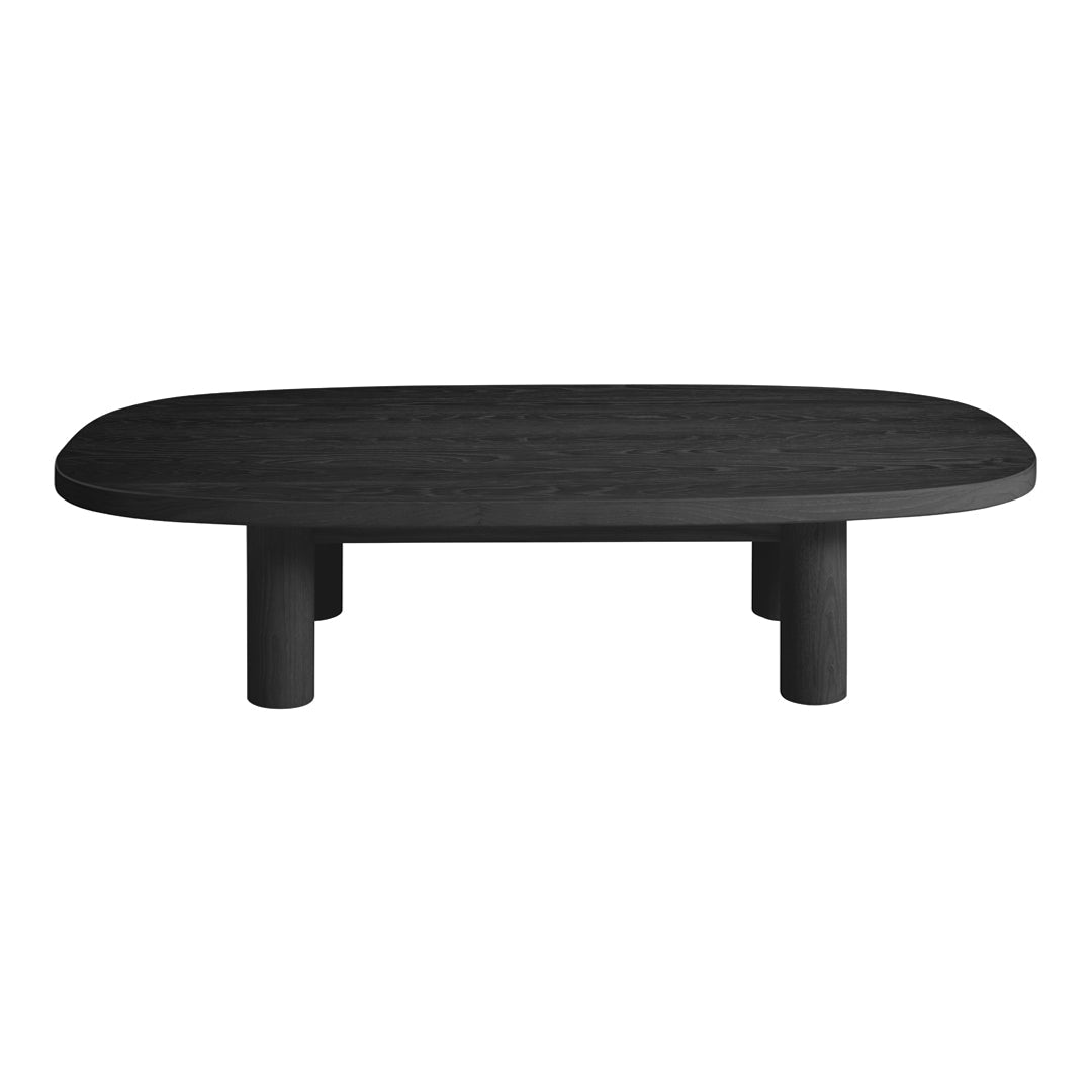 Modern black oval coffee table with smooth finish and rounded edges, featuring sturdy cylindrical legs.