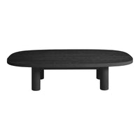 Modern black oval coffee table with smooth finish and rounded edges, featuring sturdy cylindrical legs.