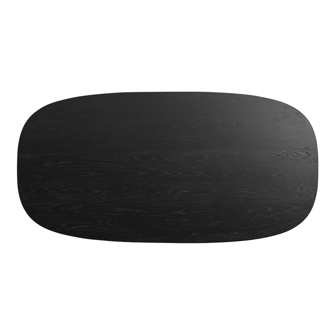 Black oval tabletop with a subtle wood grain pattern, showcasing a sleek, modern design.