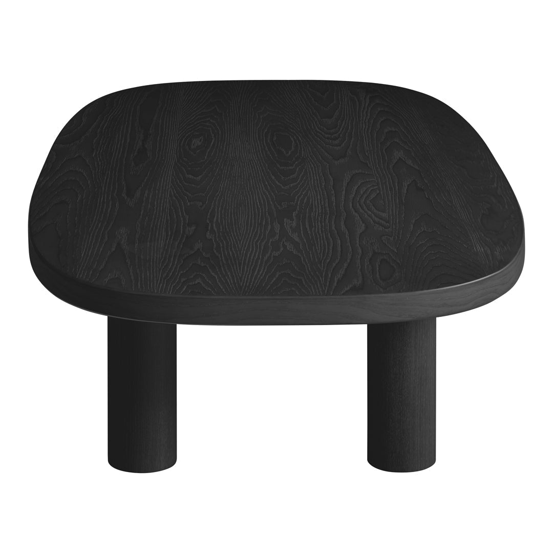 Black wooden table with a textured surface and rounded edges, featuring a dark, sleek finish.