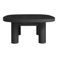 Black oval coffee table with a smooth, matte finish and cylindrical legs, showcasing a modern minimalist design.