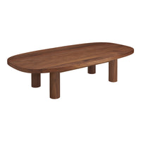 Brown oval wood coffee table with a smooth finish and rounded edges, featuring cylindrical legs.