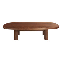 Elegant oval walnut coffee table with smooth surface and rounded edges, showcasing rich brown wood tones and natural grain.