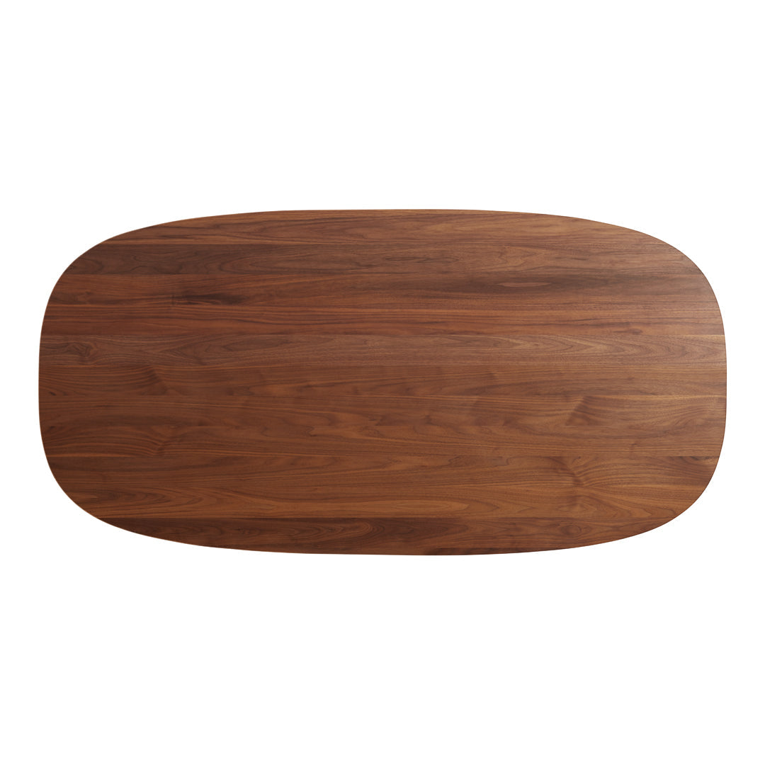 Wooden dining table with rich walnut finish and smooth, natural grain patterns. Elegant oval shape, enhancing any decor.