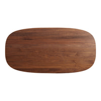 Wooden dining table with rich walnut finish and smooth, natural grain patterns. Elegant oval shape, enhancing any decor.