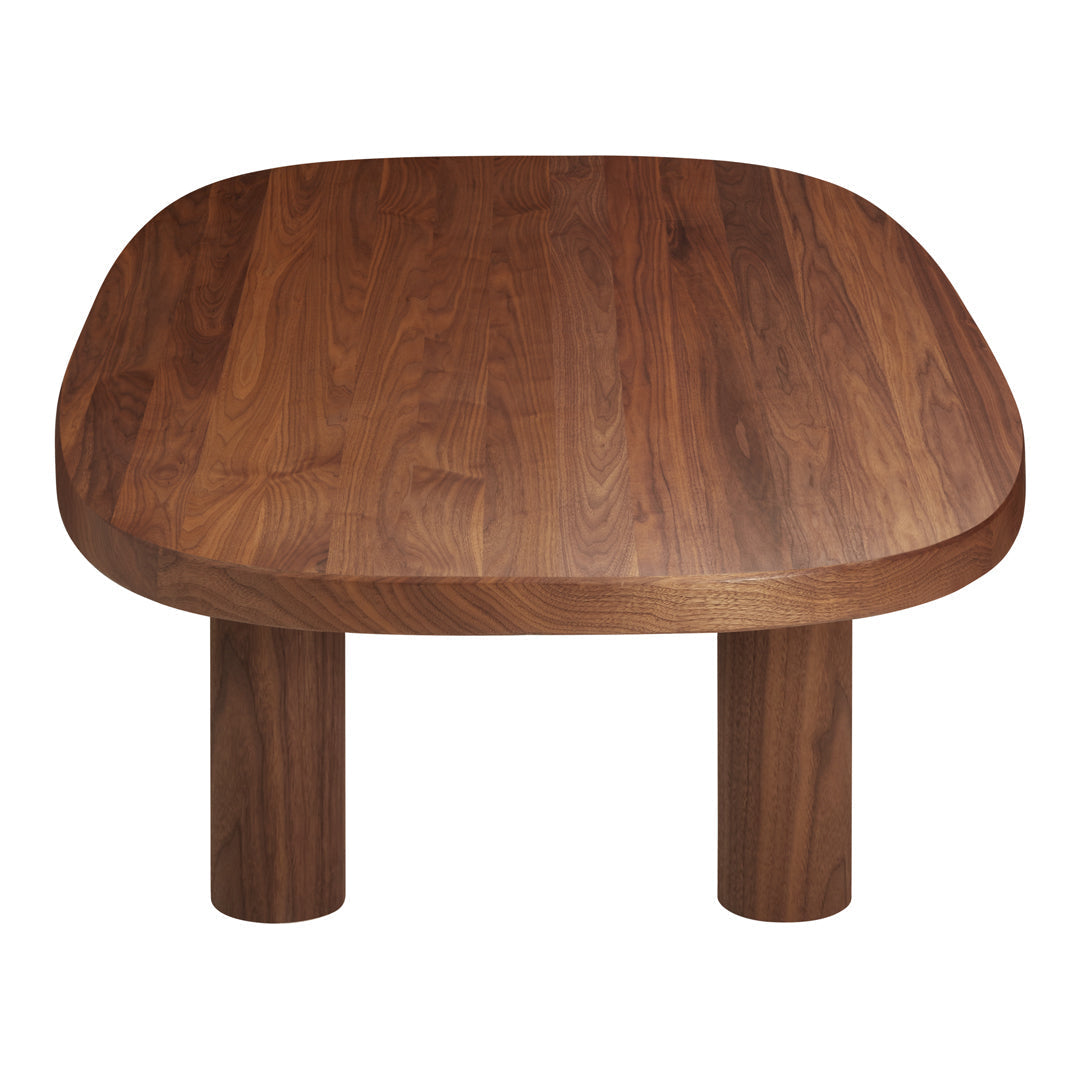"Natural walnut wood coffee table with smooth, rounded edges and a rich brown grain pattern."