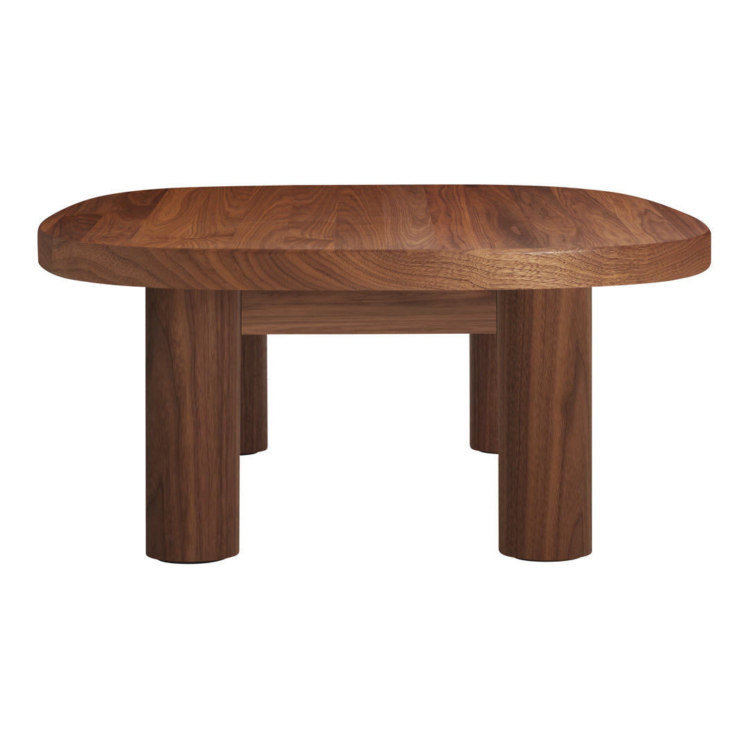 Wooden coffee table with rich walnut finish and smooth, curved edges, featuring a natural grain pattern.