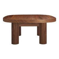 Wooden coffee table with rich walnut finish and smooth, curved edges, featuring a natural grain pattern.