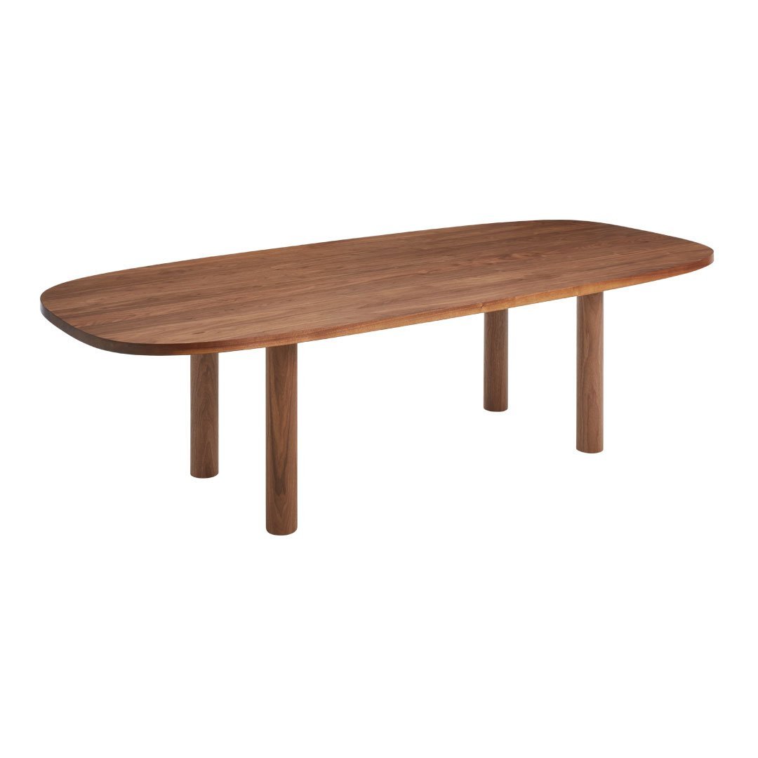 "Rectangular walnut dining table with smooth, rich brown finish and rounded edges, featuring natural wood grain pattern."