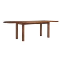 Brown walnut dining table with smooth, rounded edges and minimalist design, featuring solid cylindrical legs.