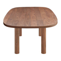 Brown wooden dining table with a smooth, warm finish and rounded edges, showcasing natural wood grain patterns.